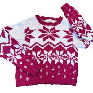 Vintage Express Tricot Handknit Fair Isle Nordic Ski Sweater Red White Women L